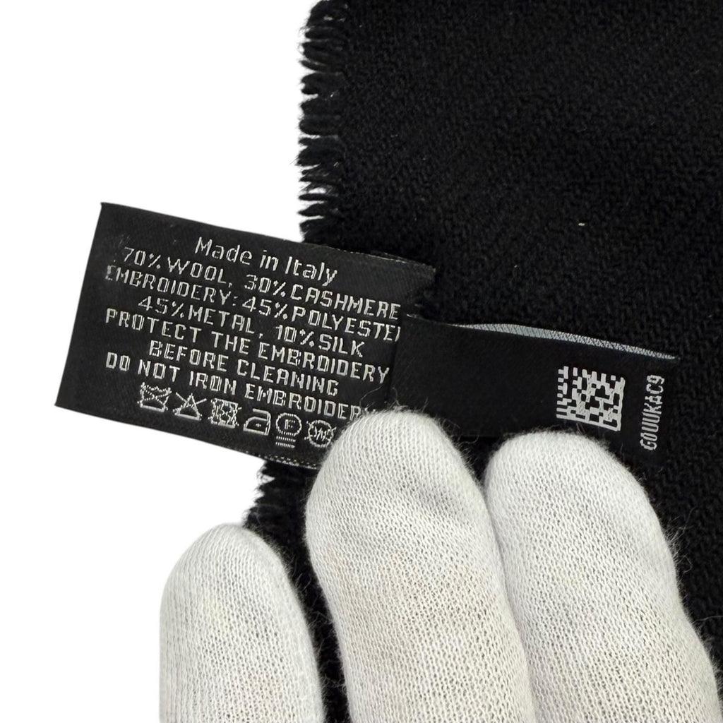 Chanel Wool Cashmere Blend CC Logo Shawl Scarf with Fringe Black Gold — view 7