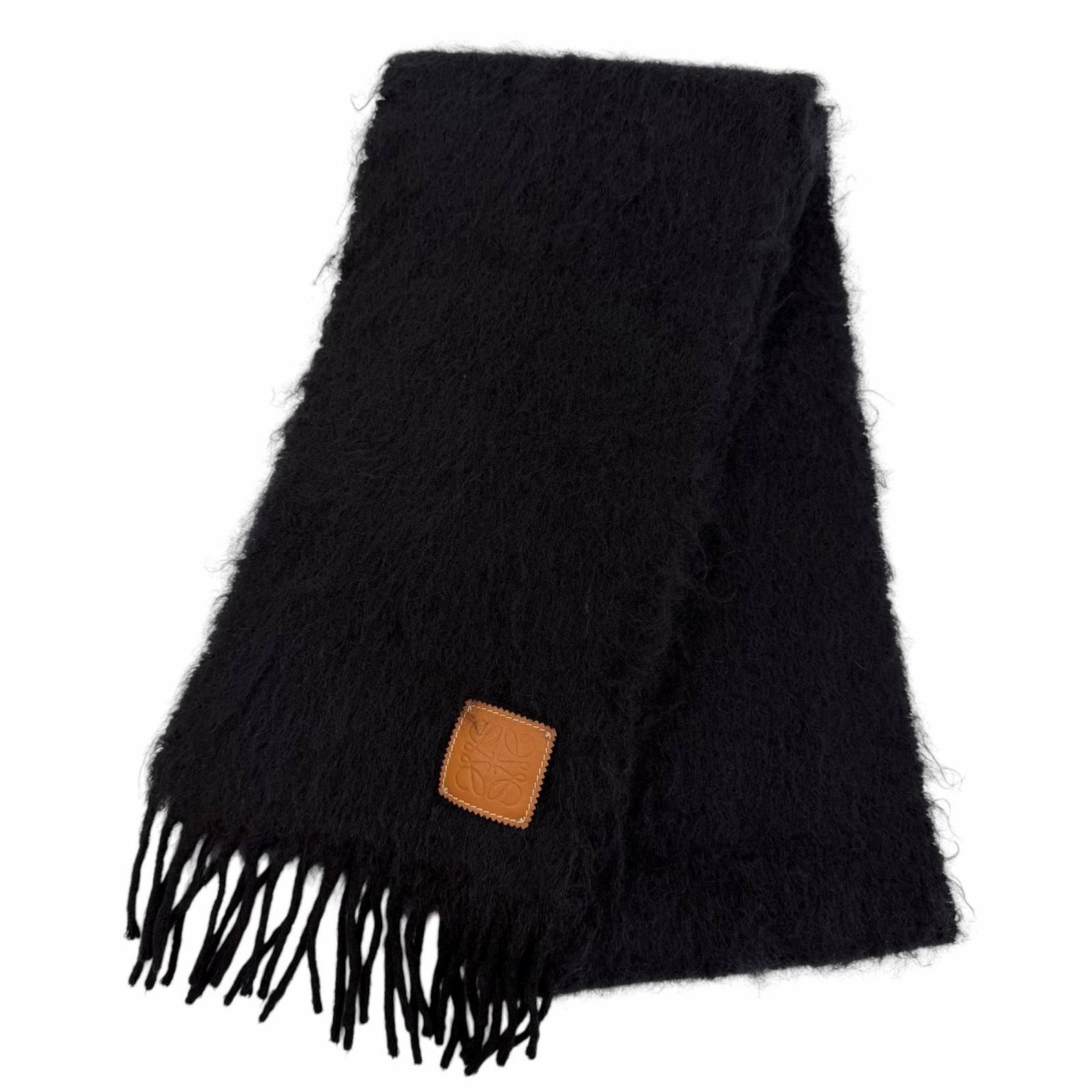Loewe Mohair Wool Anag Lambskin Patch Fringe Scarf Black