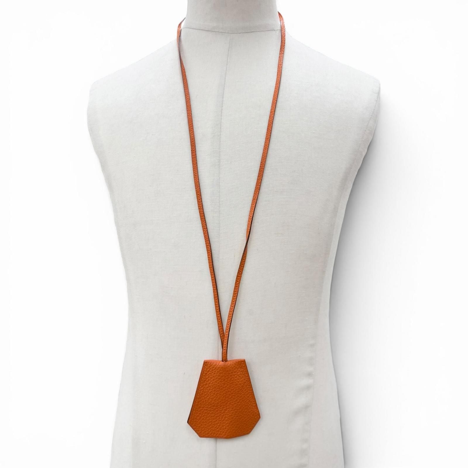 Hermes Vintage Leather Silver Martin Margiela Era Clochette Necklace Orange — view 2