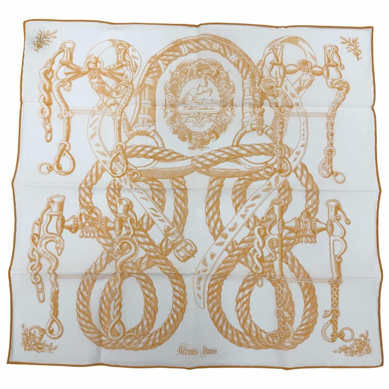 Hermes Carre 45 Della Cavalleria Cotton 100% Scarf Handkerchief Orange White