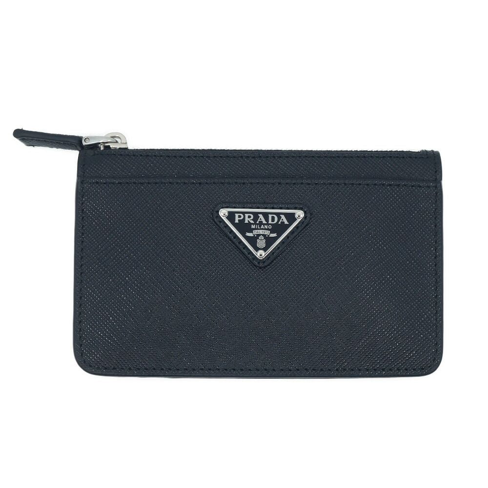 Prada Saffiano Triangle Card Case Leather Coin Black Silver
