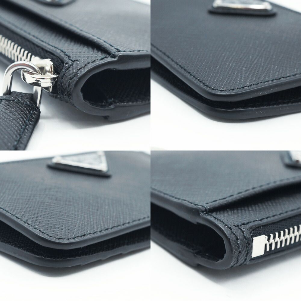 Prada Saffiano Triangle Card Case Leather Coin Black Silver — view 5