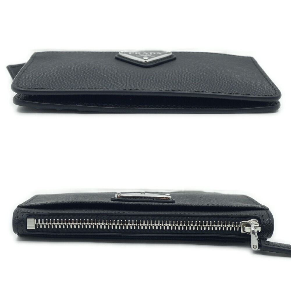 Prada Saffiano Triangle Card Case Leather Coin Black Silver — view 3