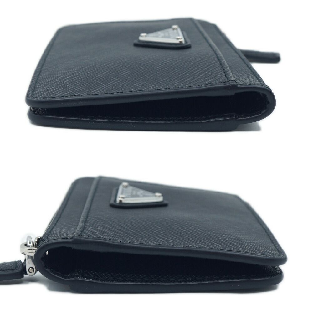 Prada Saffiano Triangle Card Case Leather Coin Black Silver — view 4