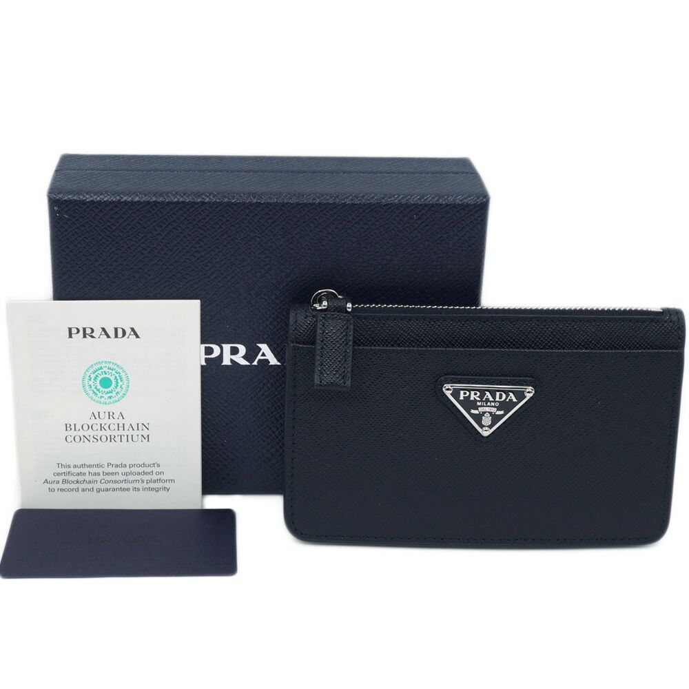 Prada Saffiano Triangle Card Case Leather Coin Black Silver — view 9