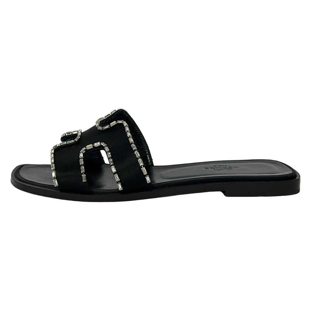 Hermes Sandals 38 Oran Black Bijou Rhinestone
