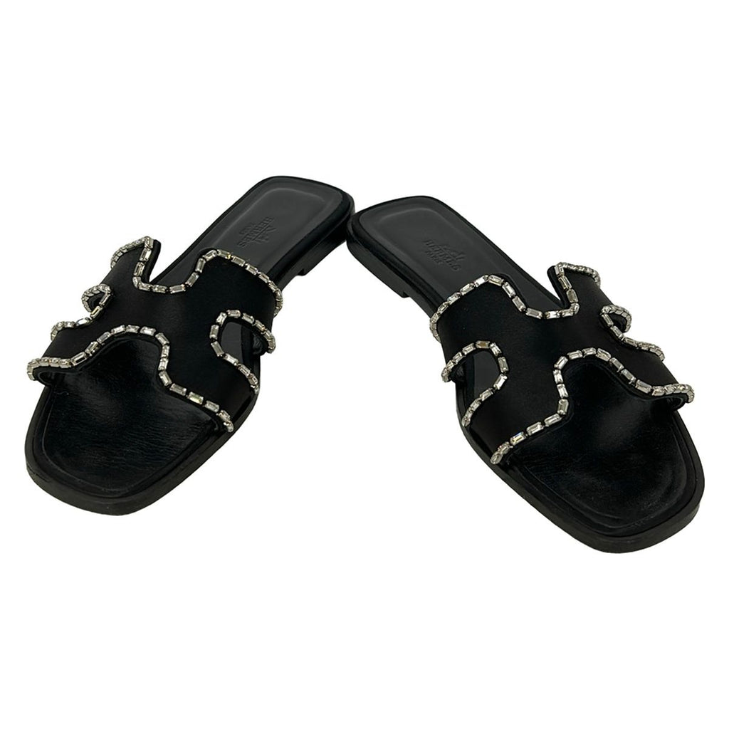 Hermes Sandals 38 Oran Black Bijou Rhinestone — view 2