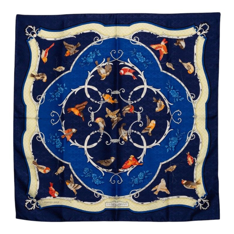 Hermes Carre 90 la Cle Des Champs Key to Freedom Scarf Blue Navy Silk