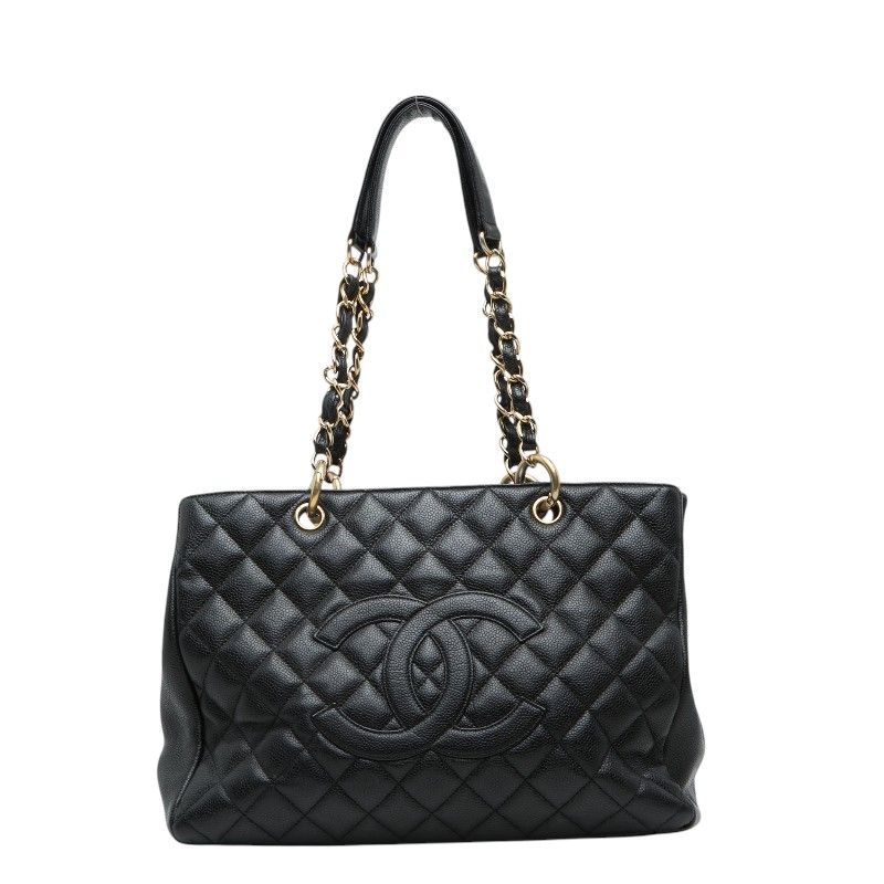 Chanel Quilted CC Logo Grand Shopping Tote GST Chain Shoulder Bag Black Caviar