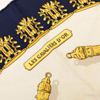 Hermes Carre 90 Yellow Gold Knight les Cavaliers D'or Scarf White Navy Silk — view 4