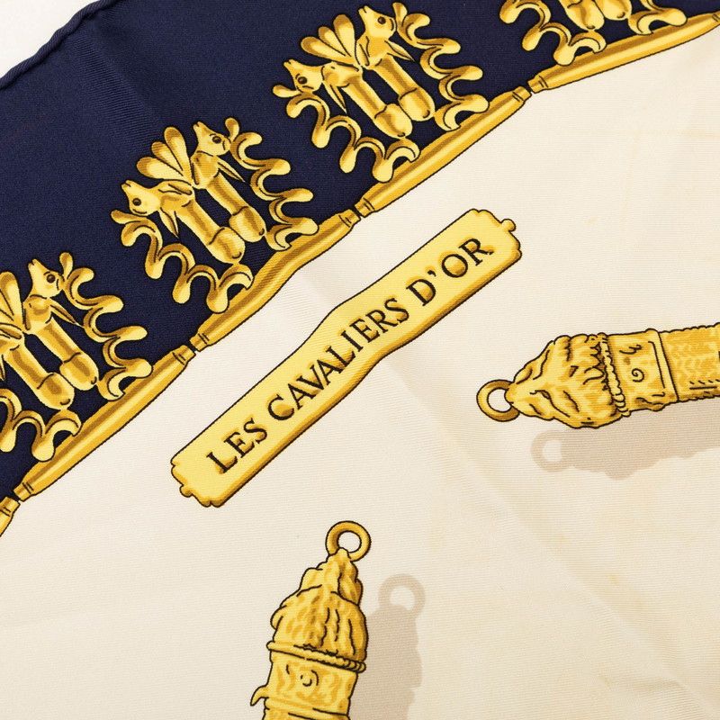 Hermes Carre 90 Yellow Gold Knight les Cavaliers D'or Scarf White Navy Silk — view 4