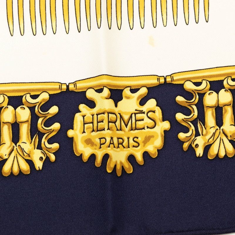 Hermes Carre 90 Yellow Gold Knight les Cavaliers D'or Scarf White Navy Silk — view 3