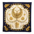 Hermes Carre 90 Yellow Gold Knight les Cavaliers D'or Scarf White Navy Silk