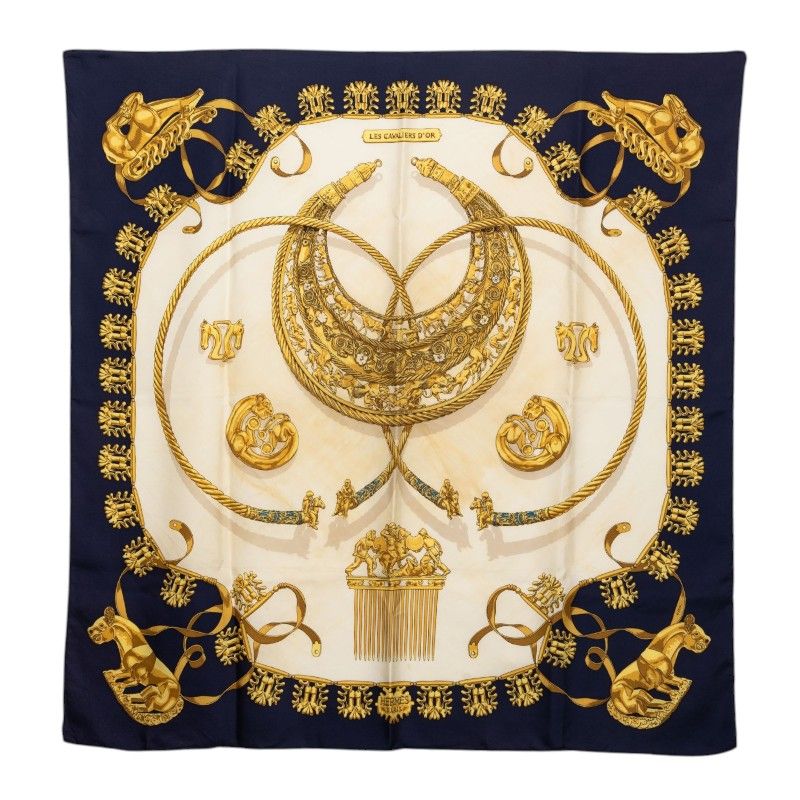 Hermes Carre 90 Yellow Gold Knight les Cavaliers D'or Scarf White Navy Silk