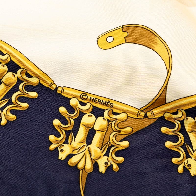 Hermes Carre 90 Yellow Gold Knight les Cavaliers D'or Scarf White Navy Silk — view 6