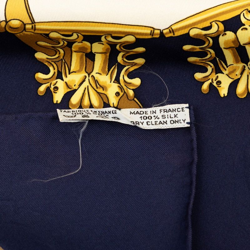 Hermes Carre 90 Yellow Gold Knight les Cavaliers D'or Scarf White Navy Silk — view 7
