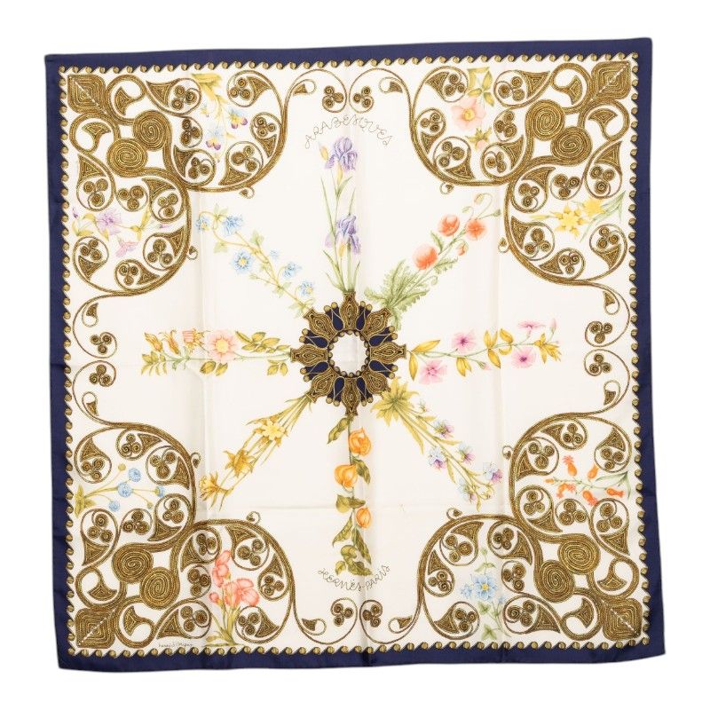 Hermes Carre 90 Arabesques Scarf White Multicolor Silk