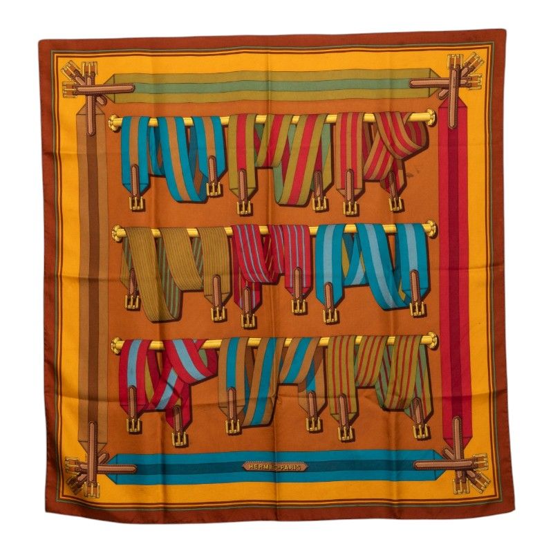 Hermes Carre 90 les Sangles Scarf Brown Silk