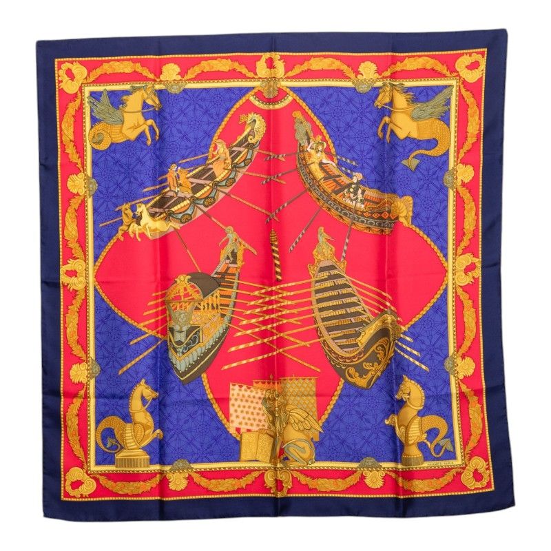 Hermes Carre 90 les Bissone de Venise Venice Ship Festival Scarf Red Blue Silk