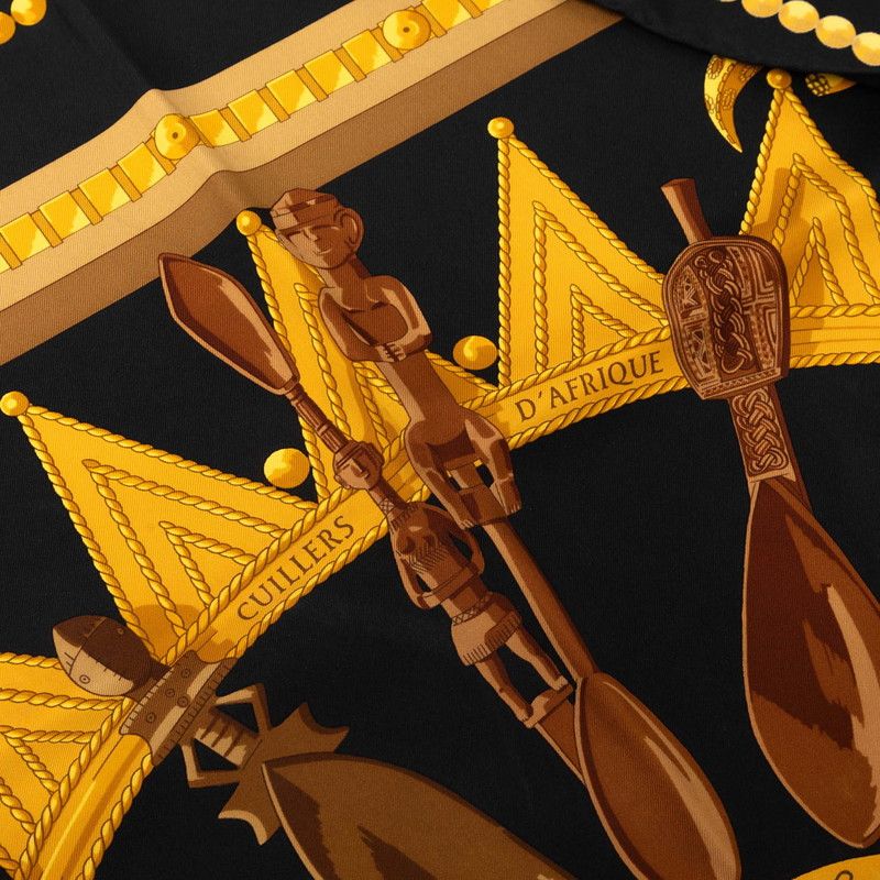 Hermes Carre 90 Cuillers D'afrique African Spoon Scarf Black Brown Silk — view 6
