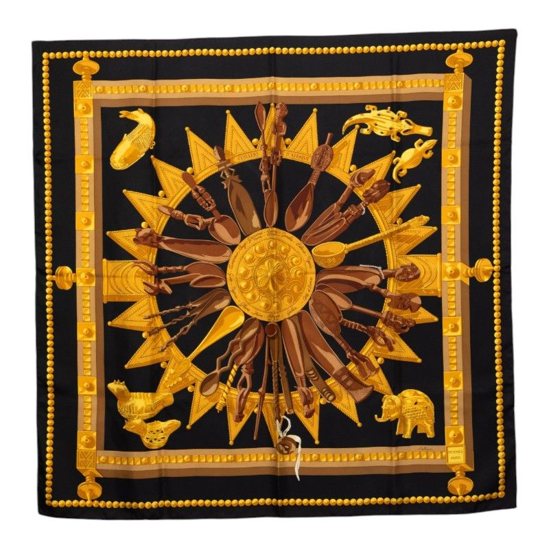 Hermes Carre 90 Cuillers D'afrique African Spoon Scarf Black Brown Silk