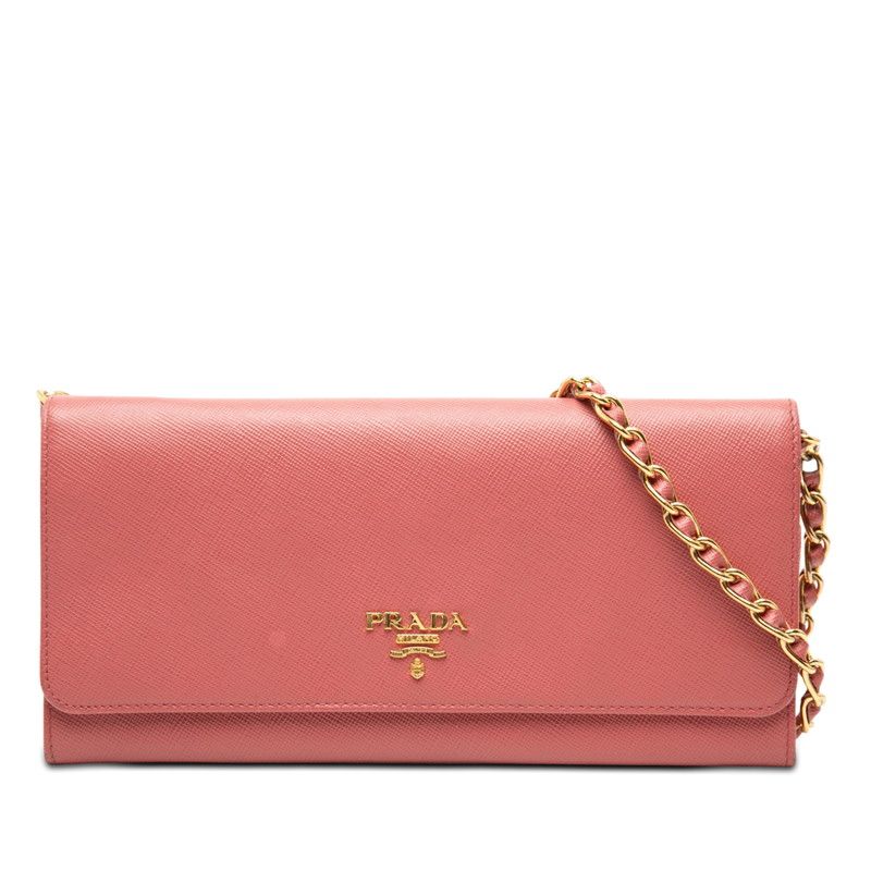 Prada Saffiano Crossbody Chain Wallet 2-Way Clutch Shoulder Bag Pink Leather