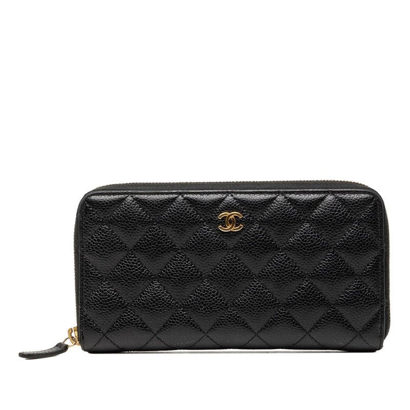 Chanel CC Logo Quilted Zip Around Wallet Black Caviar Leather