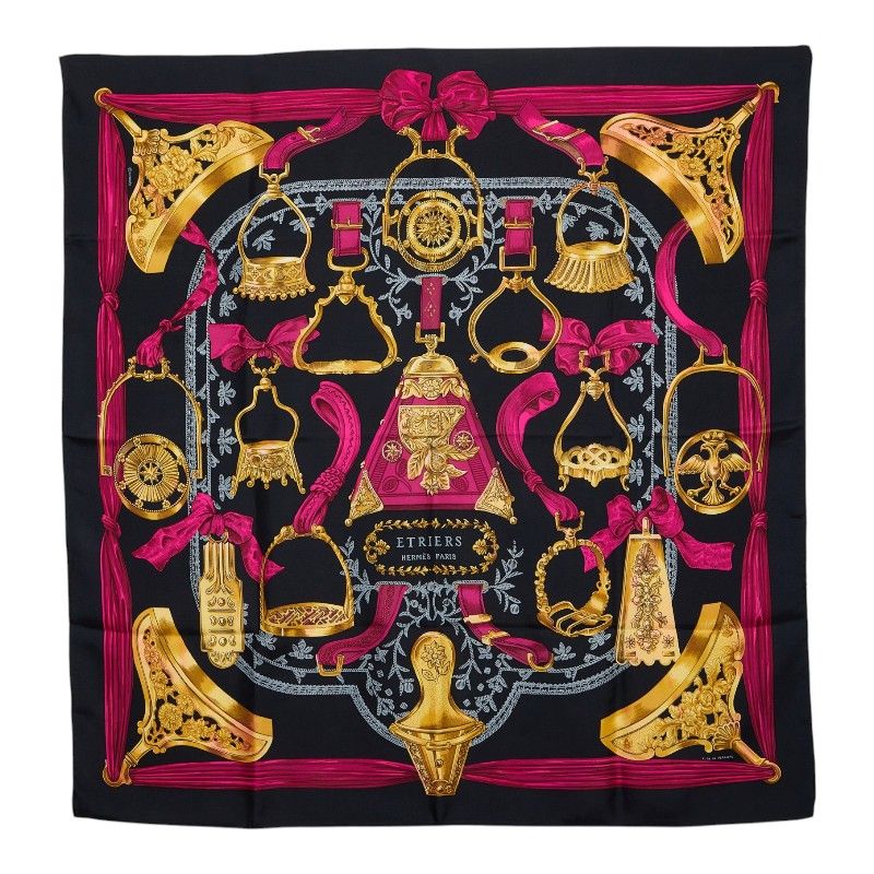 Hermes Carre 90 Etriers Stirrup Scarf Black Multicolor Silk