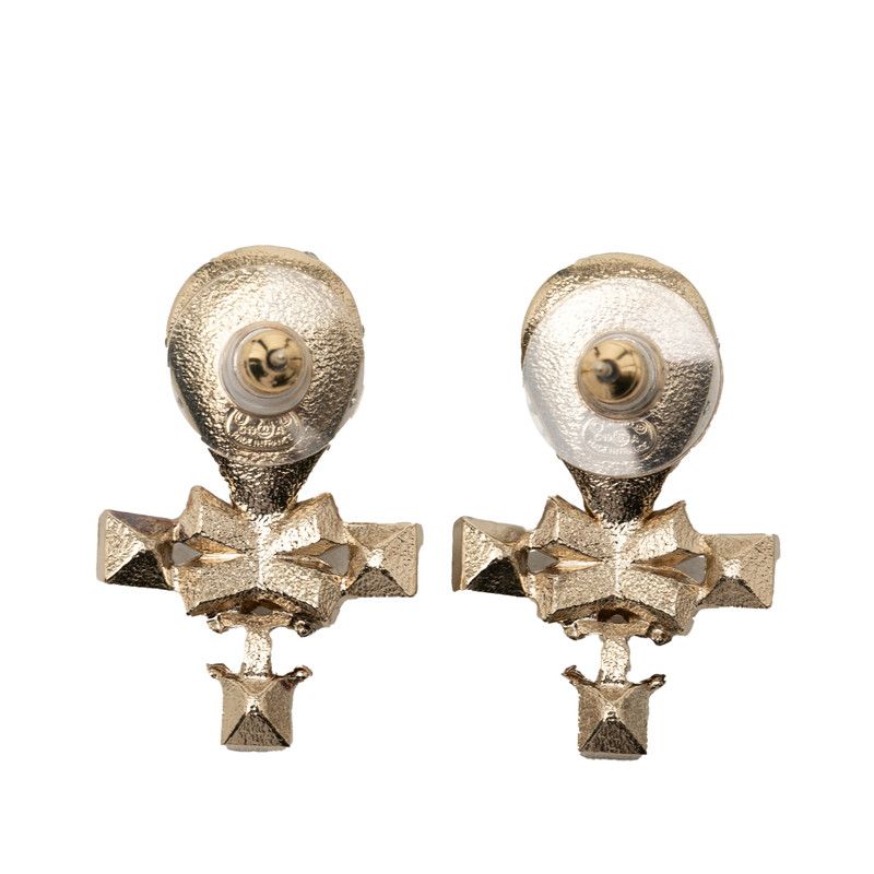 Chanel CC Logo Vintage Stud Earrings Silver Faux Pearl Plated Rhinestone — view 2
