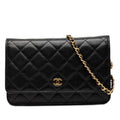 Chanel Quilted CC Logo Chain Wallet Shoulder Bag Black Gold Caviar Leather