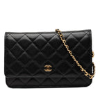 Chanel Quilted CC Logo Chain Wallet Shoulder Bag Black Gold Caviar Leather