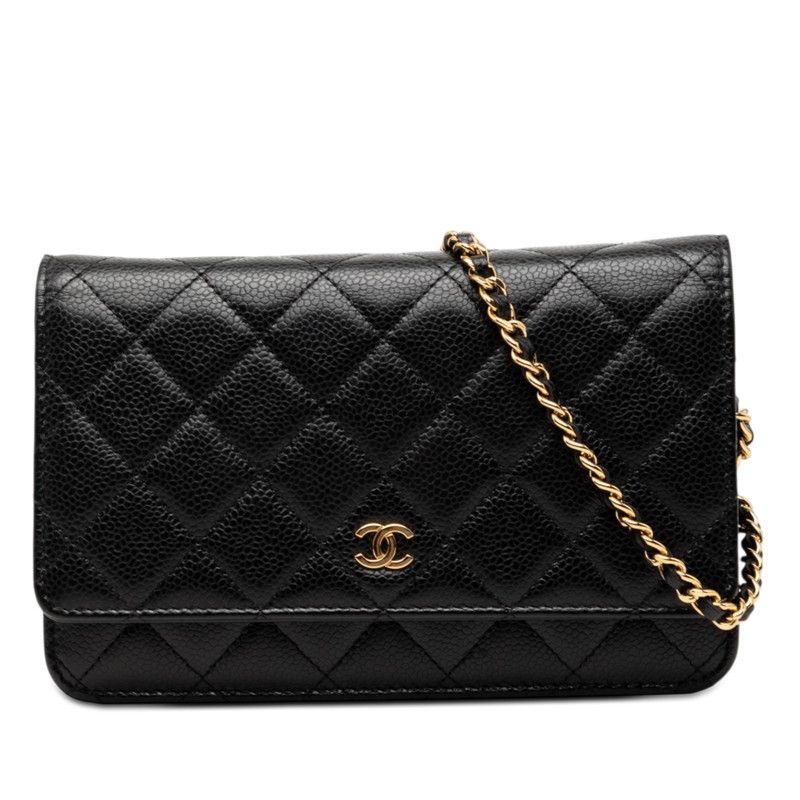 Chanel Quilted CC Logo Chain Wallet Shoulder Bag Black Gold Caviar Leather