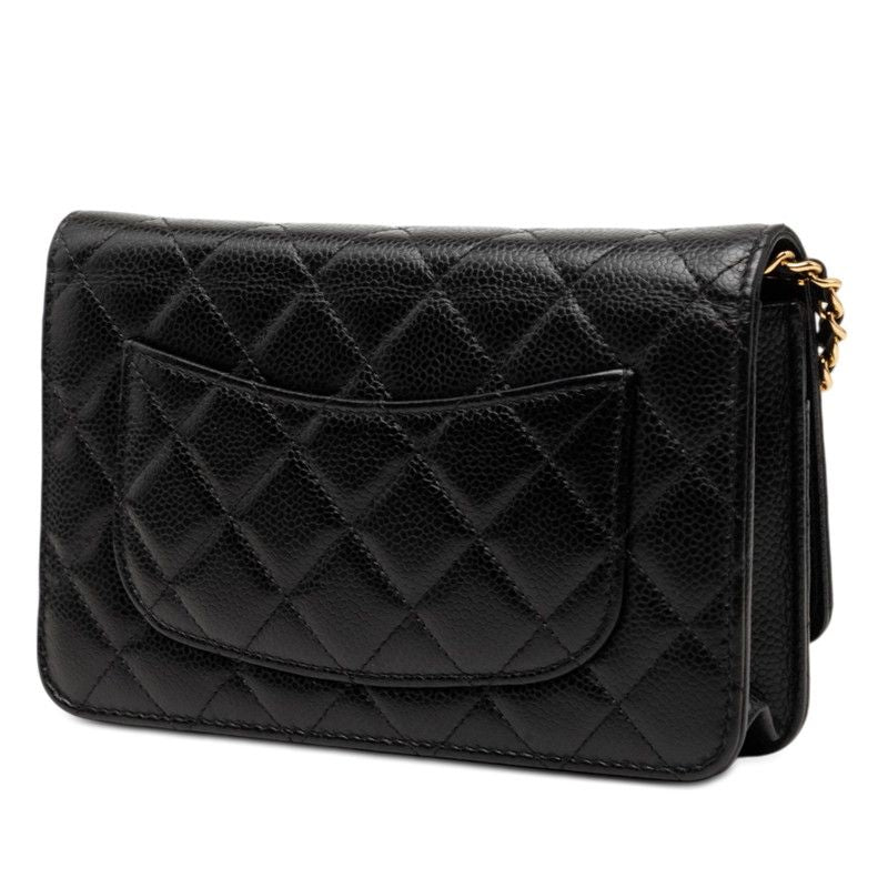 Chanel Quilted CC Logo Chain Wallet Shoulder Bag Black Gold Caviar Leather — view 2