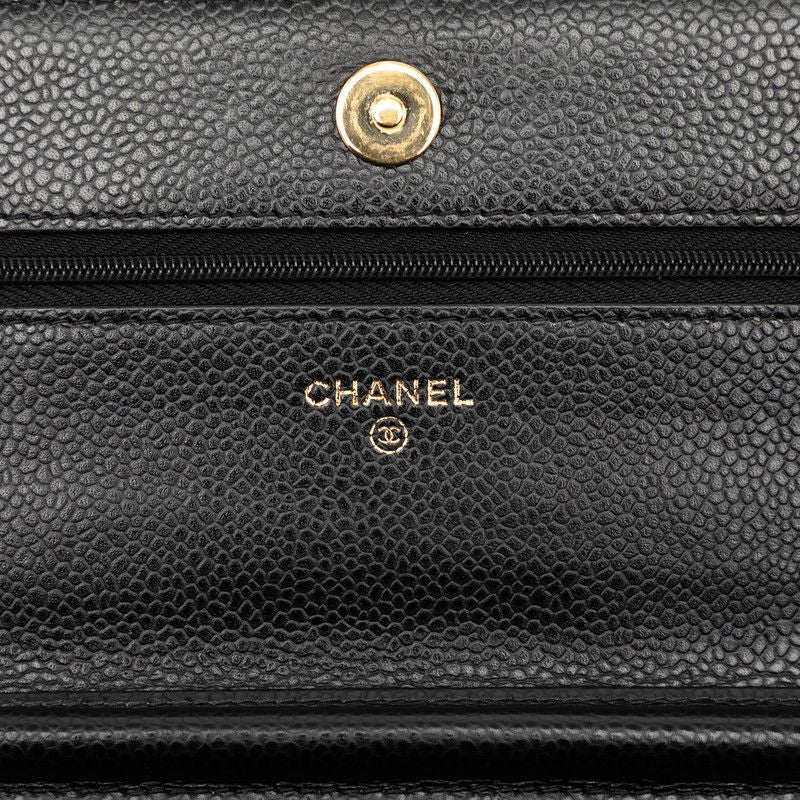 Chanel Quilted CC Logo Chain Wallet Shoulder Bag Black Gold Caviar Leather — view 5