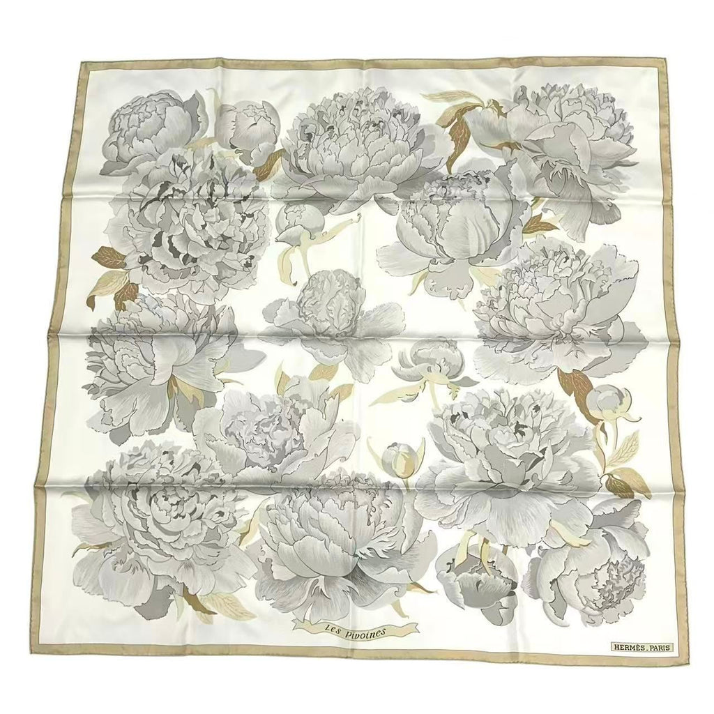 Hermes Scarf Carre 90 les Pivoines Paeonia Silk White Beige