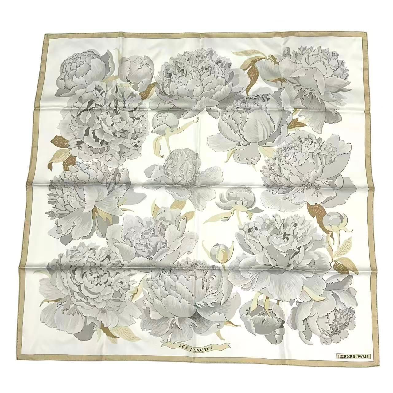 Hermes Scarf Carre 90 les Pivoines Paeonia Silk White Beige