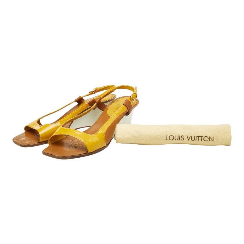 Louis Vuitton Wedge Sole Sandals Yellow Brown Leather Enamel — view 9