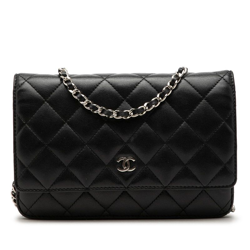 Chanel CC Logo Quilted Crossbody Chain Shoulder Bag Wallet Black Lambskin
