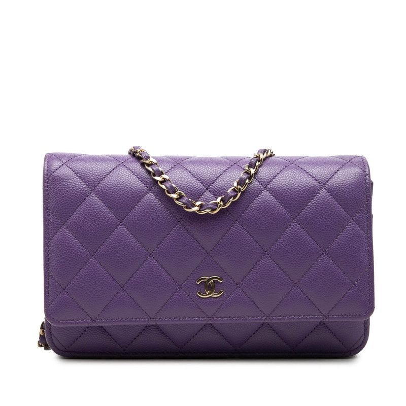 Chanel CC Logo Quilted Chain Shoulder Bag Wallet Purple Gold Caviar Leather