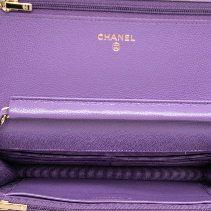 Chanel CC Logo Quilted Chain Shoulder Bag Wallet Purple Gold Caviar Leather — view 4