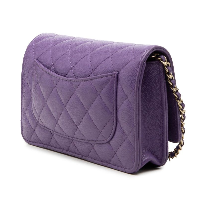 Chanel CC Logo Quilted Chain Shoulder Bag Wallet Purple Gold Caviar Leather — view 2