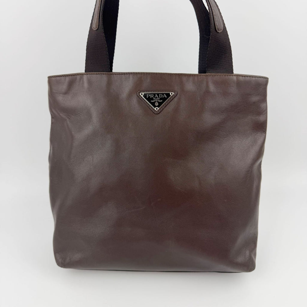 Prada Triangle Logo Tote Leather Brown Vintage — view 3