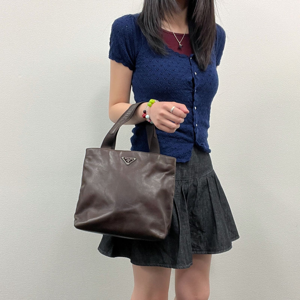 Prada Triangle Logo Tote Leather Brown Vintage — view 2