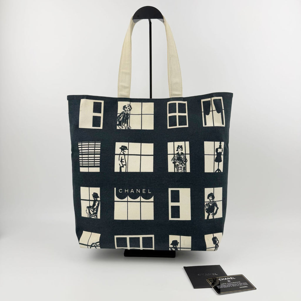 Chanel Window Pattern CC Logo Tote Canvas Black Ivory Silver Vintage
