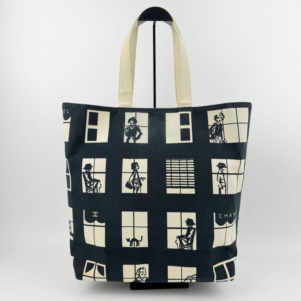 Chanel Window Pattern CC Logo Tote Canvas Black Ivory Silver Vintage — view 4