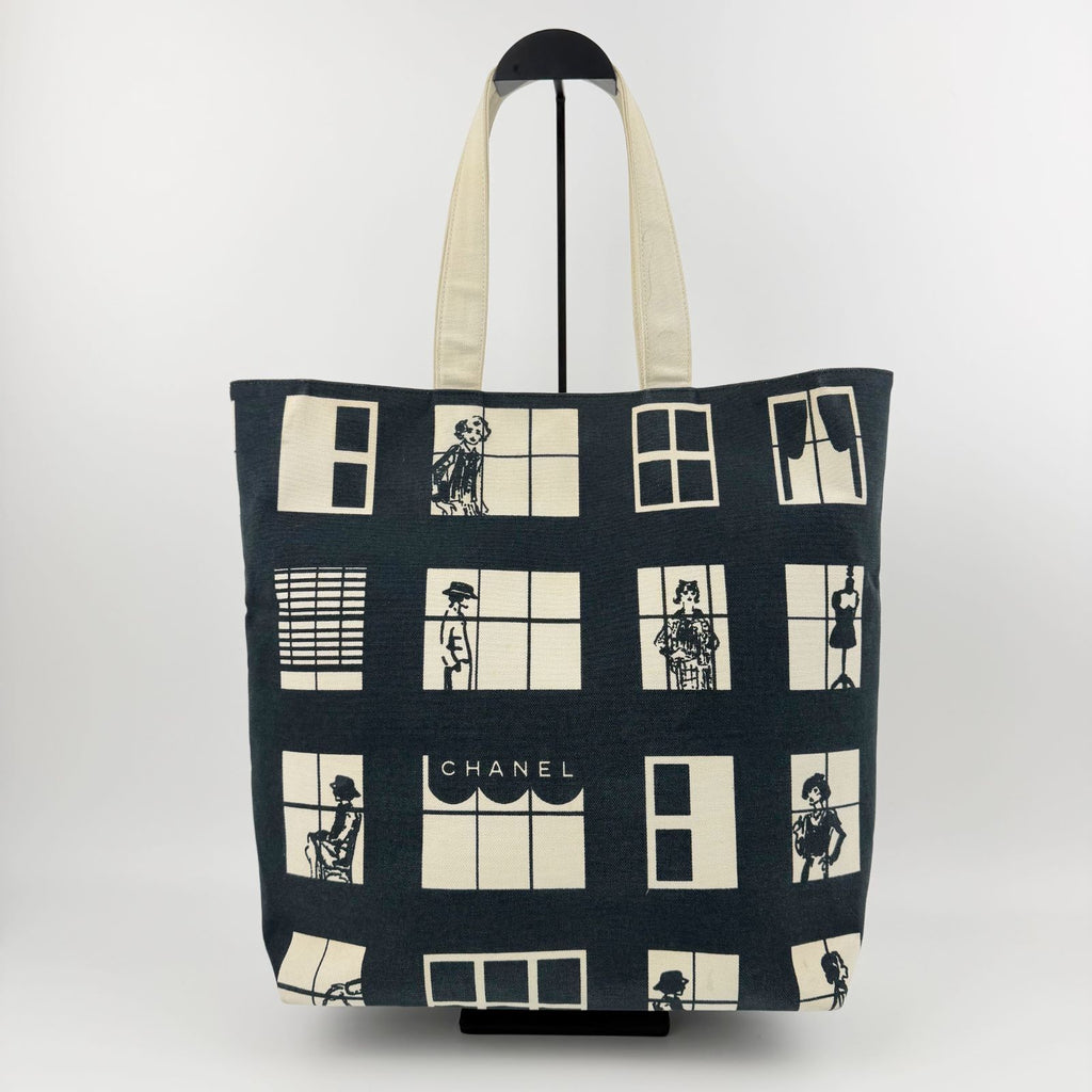 Chanel Window Pattern CC Logo Tote Canvas Black Ivory Silver Vintage — view 3