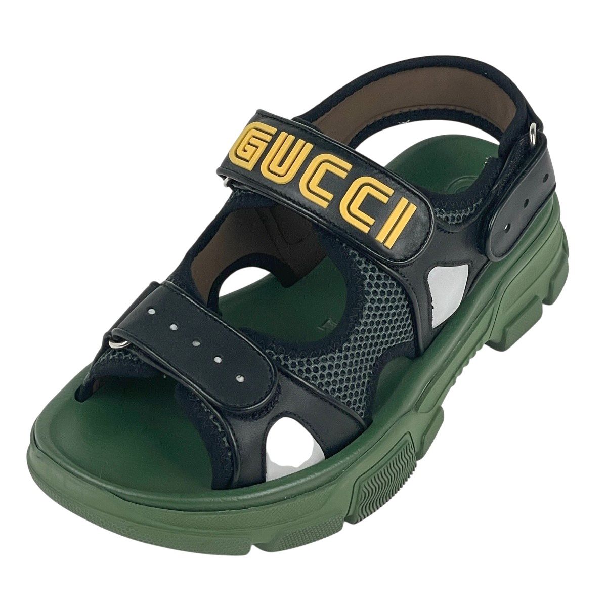 Gucci Logo Mesh Sandals Shoes Leather Rubber Khaki