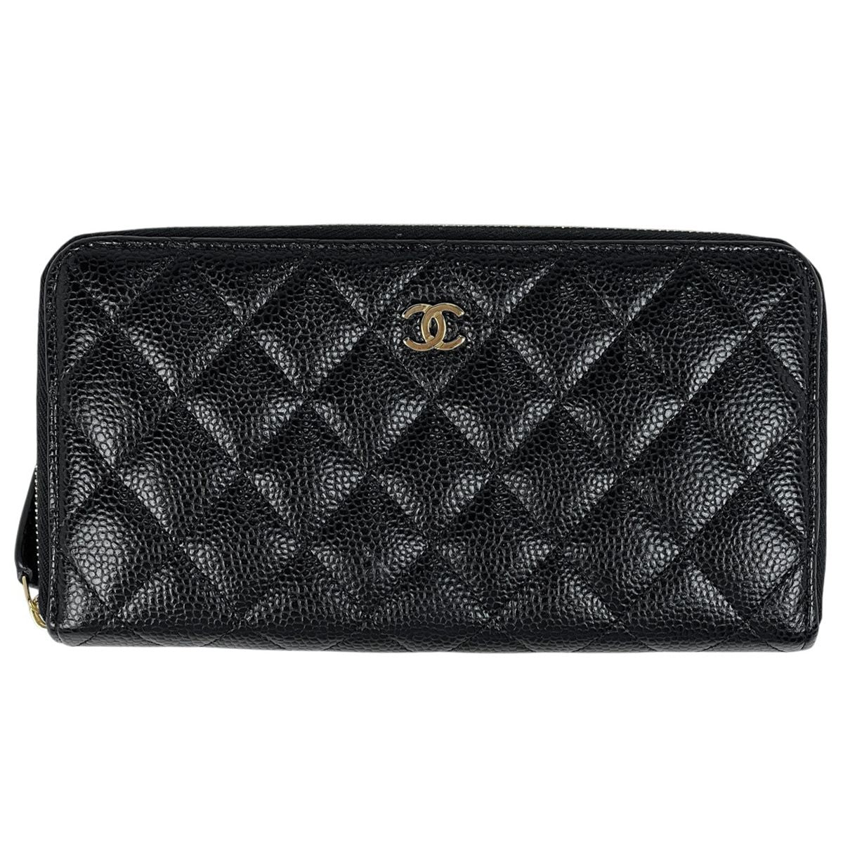 Chanel CC Logo Zip Around Wallet Caviar Leather Black