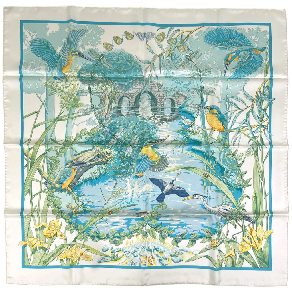 Hermes Carre 90 Au Bord de L'eau Jade Bird Scarf Silk White Blue
