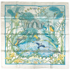 Hermes Carre 90 Au Bord de L'eau Jade Bird Scarf Silk White Blue